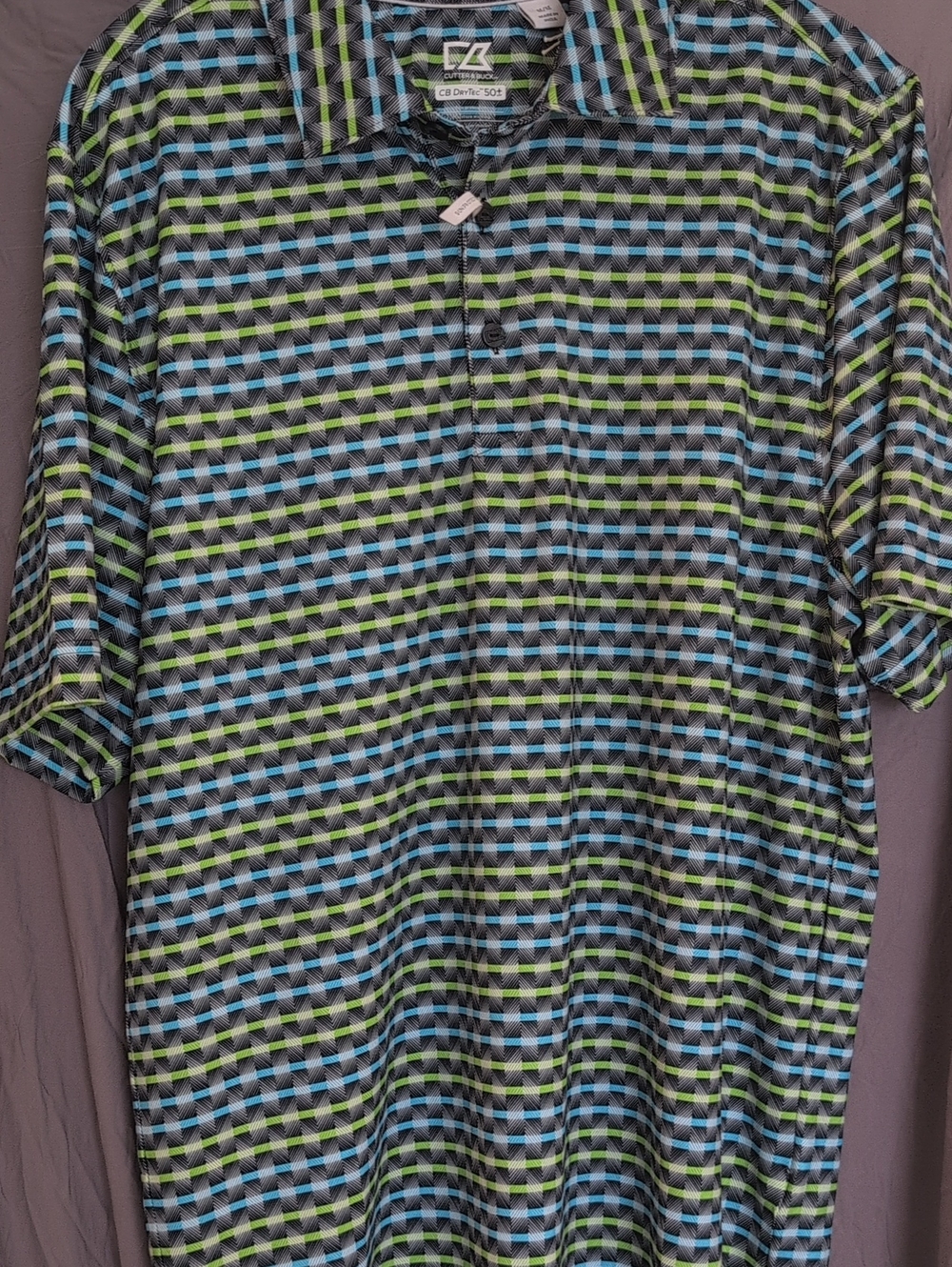 Cutter & Buck Men's Short Sleeve Polo in Blue, Green and Black Geometric Stripe